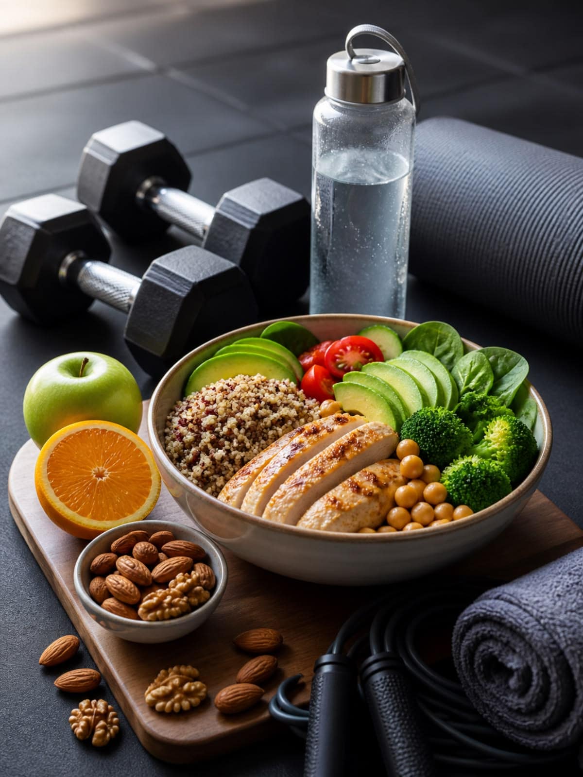 Bowl with grilled chicken, quinoa, avocado, tomatoes, and broccoli next to dumbbells and a water bottle