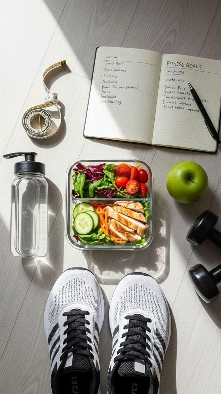 Meal prep containers with grilled chicken, rice, and vegetables next to a handwritten fitness journal and dumbbells