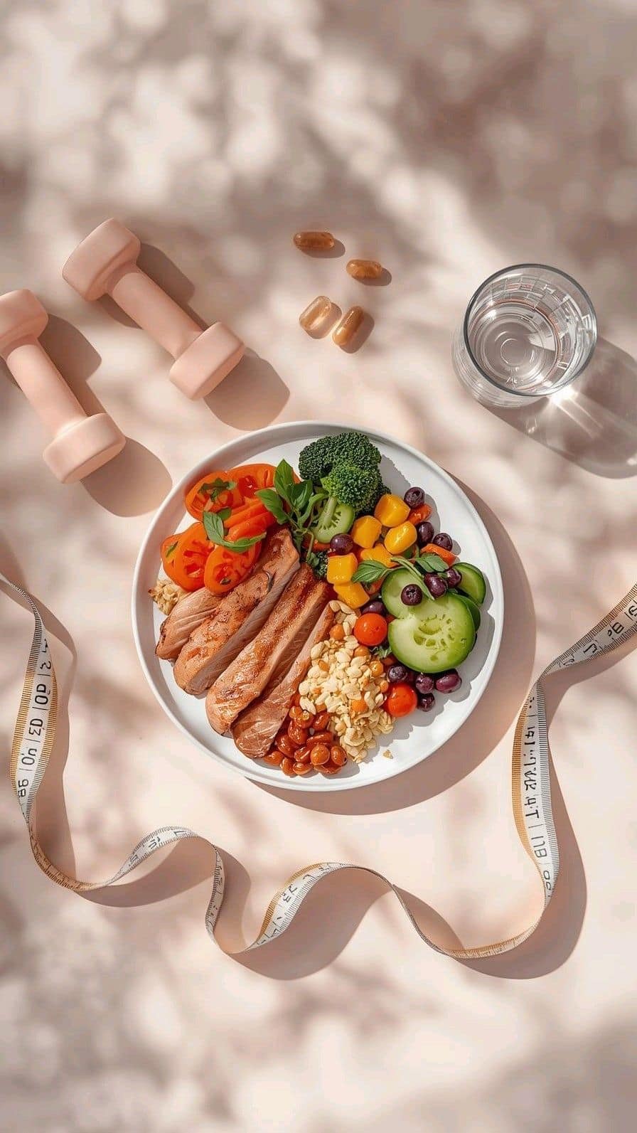A measured plate of grilled chicken and vegetables next to a tape measure and light dumbbells