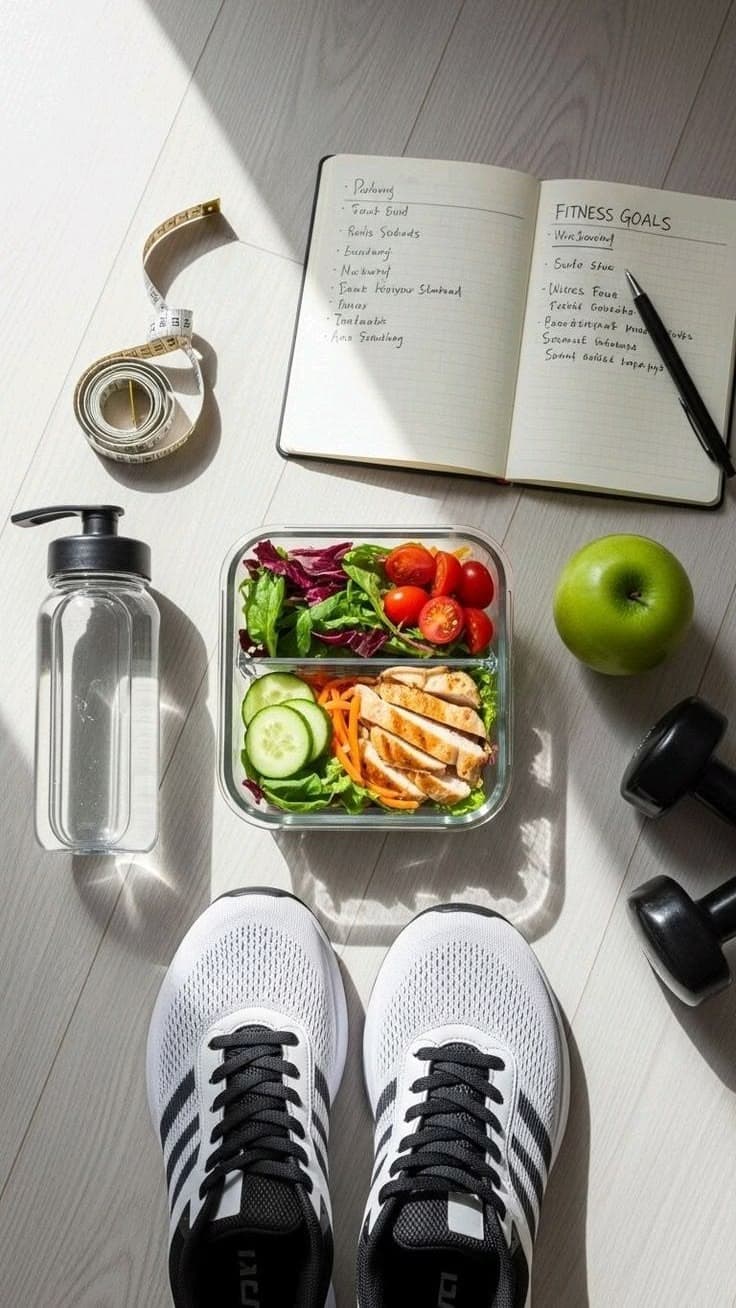 Contenedores de meal prep con pollo a la parrilla, arroz y vegetales junto a un diario de fitness escrito a mano y mancuernas