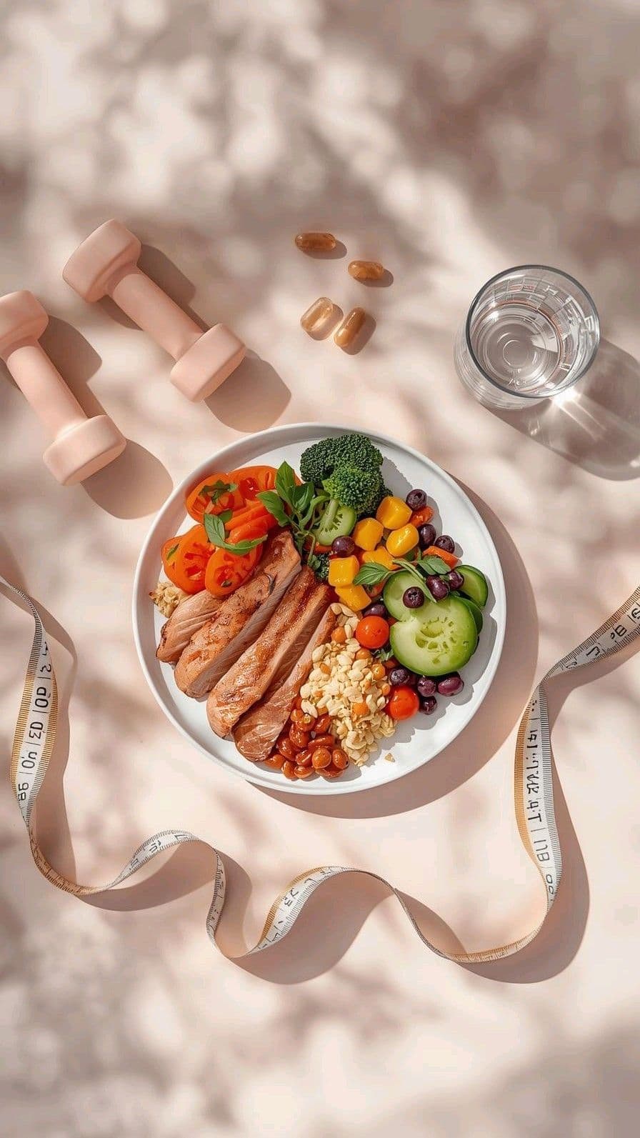 Un plato medido de pollo a la parrilla y vegetales junto a una cinta métrica y mancuernas livianas